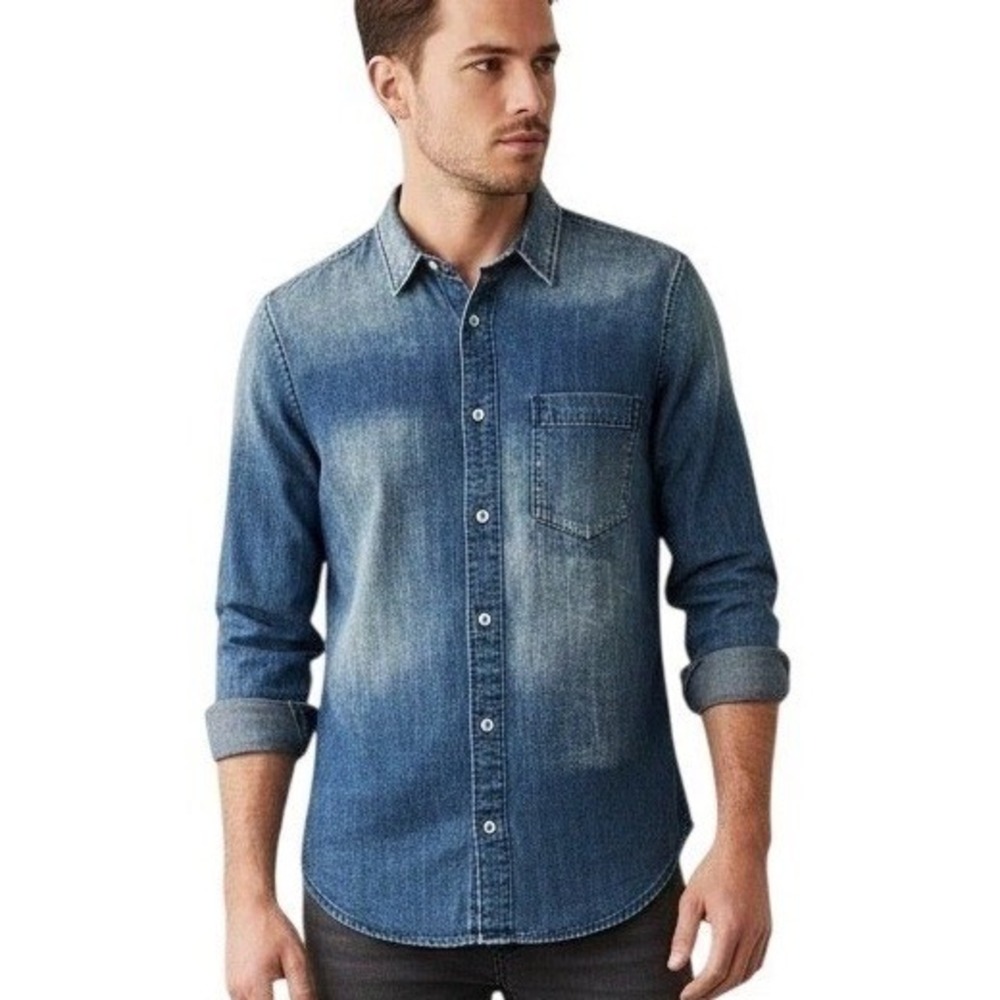 Golden Denim Button Down Shirt Mens S Blue Acid Wash Long Sleeve High Low Hem